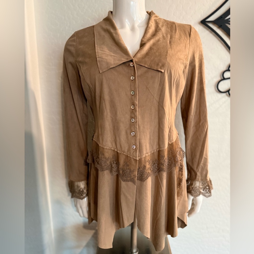 CINDY OH Vintage Women’s Tan Lace-Trim Button Front Top - XL - Picture 2 of 7